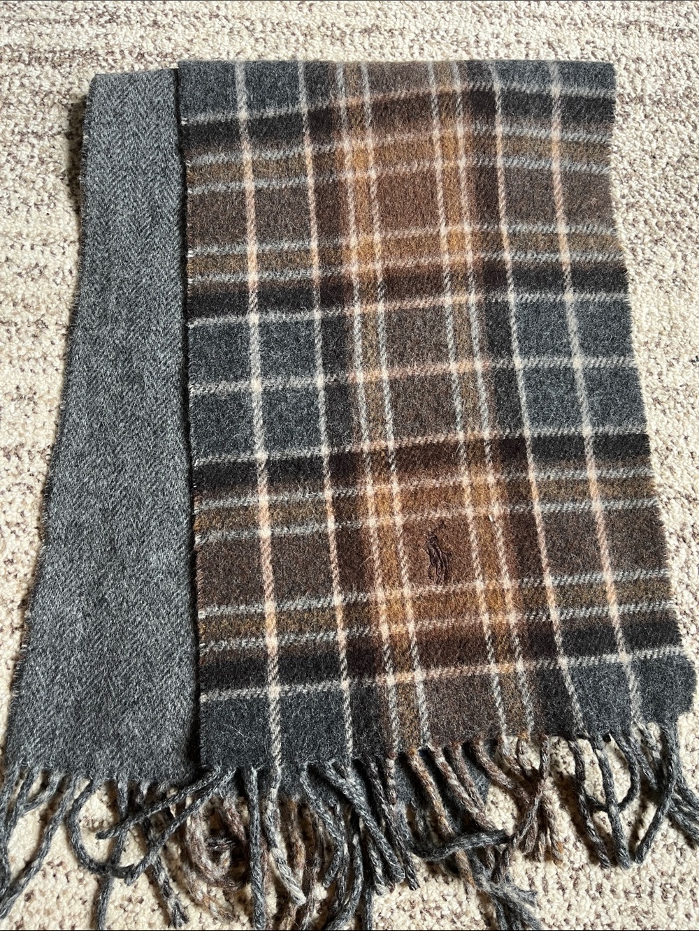 Ralph Lauren Gray and Brown Plaid Wool Scarf